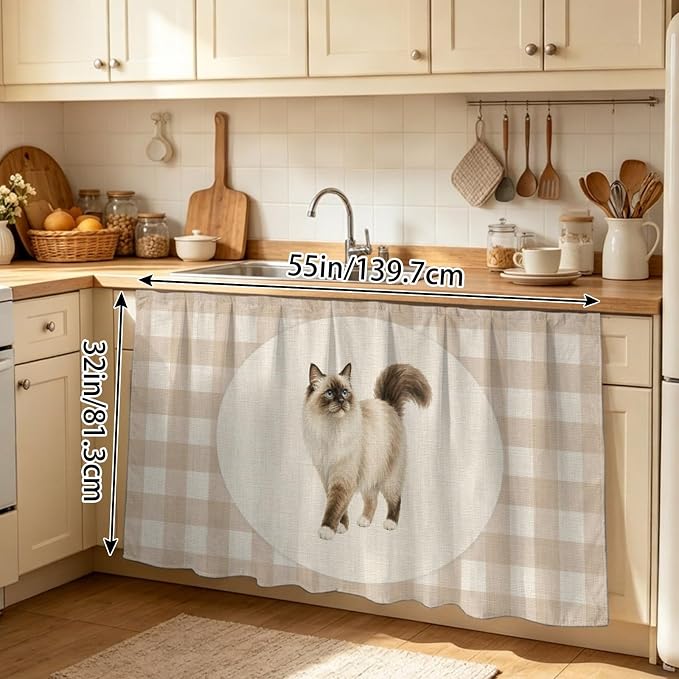 Ragdoll Cat Sink Skirt for Bathroom, Self-Adhesive Under Sink Curtain, Vintage Linen Plaid Farmhouse Pet Cats Hide Pipes & Storage Fabric Cabinet Skirt Cover for Kitchen Laundry 32"x55"
