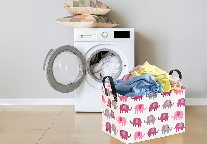 Baby Storage Basket Nursery Box Laundry Hamper Organization Bins for Toys and Clothes with Handles (Pink Elephant)