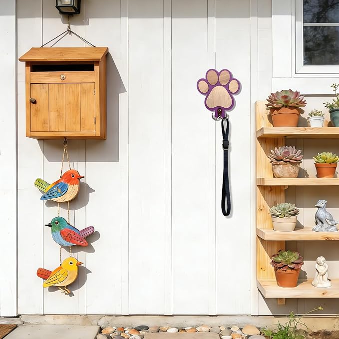 Goodangie00 Rustic Wooden Dog Leash Holder Wall Decoration, Cute 3D Puppy Paw Wall Mount Hanger Organizer Hooks for Home Farmhouse Bathroom, Coat Rack, Keys, Harness, Collars, Pet Lover Gift (Purple)