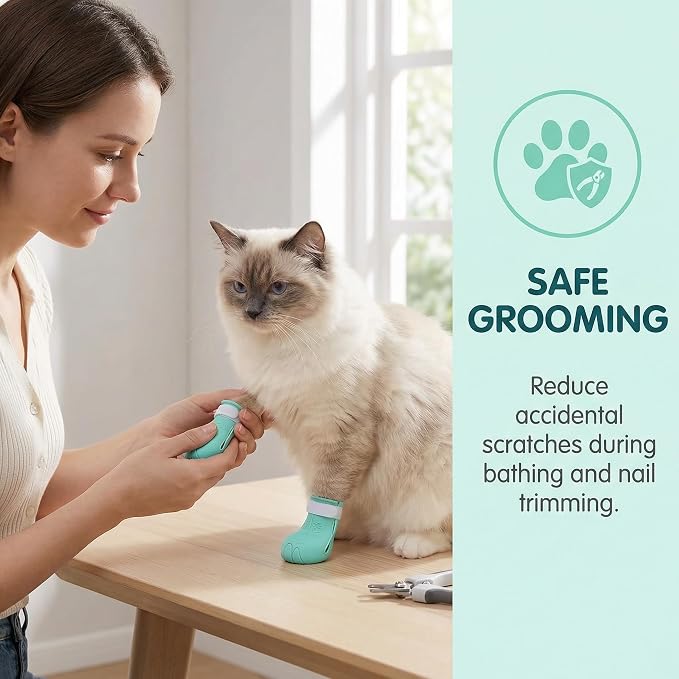 4 Pcs Cat Paw Covers Silicone, Anti Scratch Cat Paw Protector Boots, Adjustable Cat Shoes for Bath, Grooming and Nail Clipping, Soft Pet Claw Protectors with Storage Case, Green