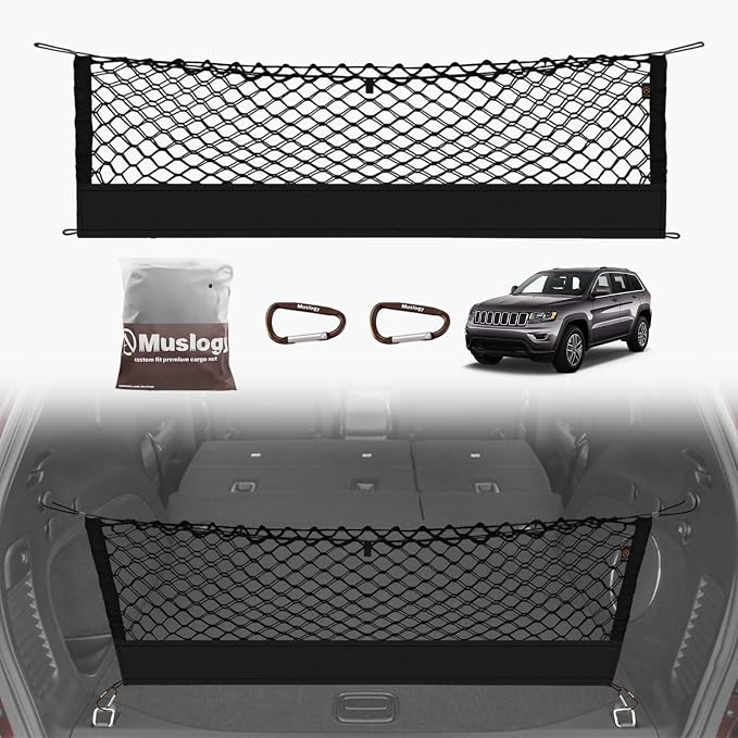 Muslogy Cargo Net for 2015-2021 Jeep Grand Cherokee Accessories (WK2 ONLY) | Custom Fit, Trunk Storage Organizer Net for SUV Sedan Van Divider, with Heavy Duty Carabiners, Night Visible Grab Handle