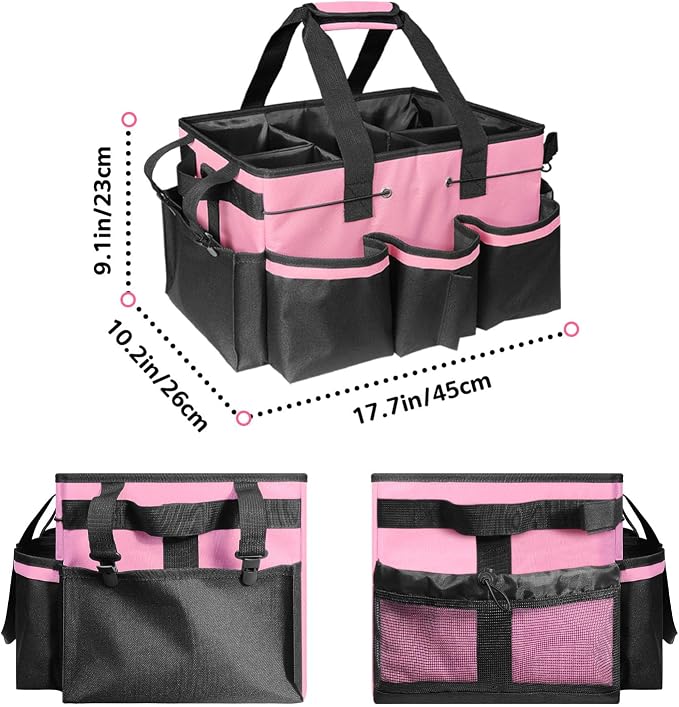 Boczif Cleaning Caddy Bag Wearable,Cleaning Caddy Supplies Organizer(Pink) | with Handle, Shoulder Straps & Detachable Divide, Cleaning Tool Organizers Tote Bag for Cleaners & Housekeepers