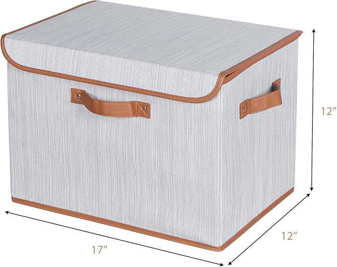 Univivi Fabric Storage Bins with Lids, Stackable Storage Box, Grey, 3 PCS | Heavy Duty, Large Capacity, Leather Handle, Linen Fabric, Sturdy PP Board, Storage Bins for Bedroom, Closet, Nursery, Office