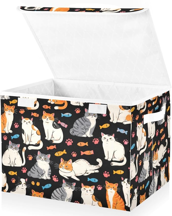 Cat Fish Fabric Storage Bins with Lid Foldable Storage Boxes 40L Baskets | Foldable & Stackable, Flip Top Dust Guard, Reinforced Handles, Home & Bedroom, Clothes & Toys, Oxford Print Basket
