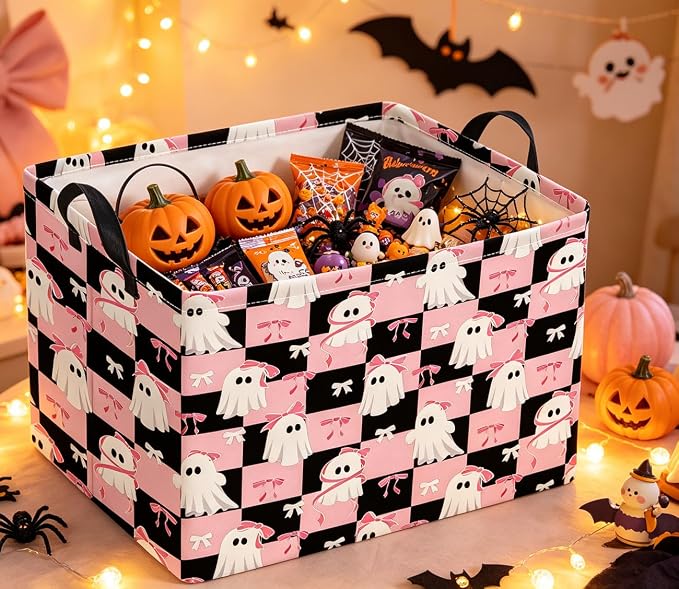 Rectangle Storage Basket with Handles,Collapsible Storage Bin,Gift Basket(Pink Check Halloween)