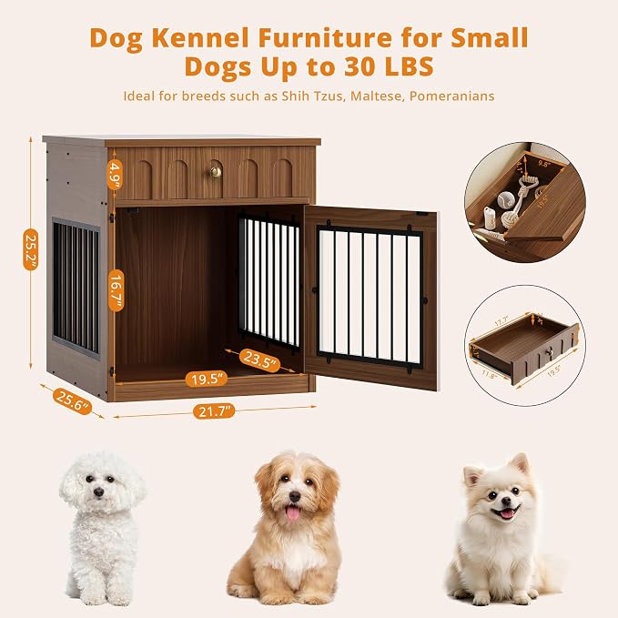 IRONCK 25.6" Wooden Dog Crate Furniture with Storage for Small Dogs | Drawer and flip top keep pet supplies tidy. Reinforced steel frame. Walnut finish for living rooms and hallways.
