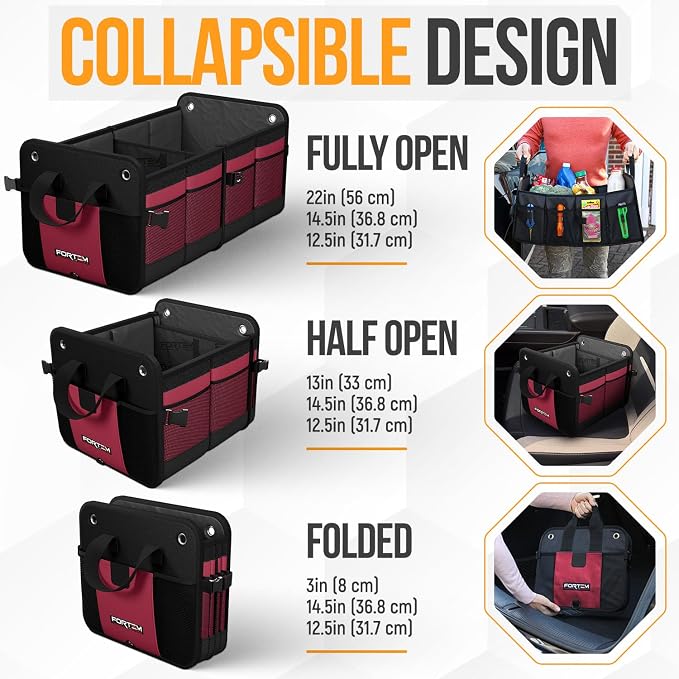 FORTEM Trunk Organizer - Collapsible Car Organizer & Storage Bag for SUVs | Car Accessories for Men & Women, Cooler Bag, Non Slip Bottom, Straps, Soft Cover, 1680D Oxford, 3 Compartments, Red, 65L