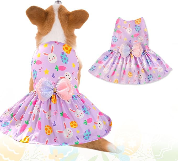 Easter Dog Costume Dress for Pets, Easter Bunny Pet Outfit Dogs Bow Clothes,Purple Puppy Skirt, Spring Dog Outfit,Size L (24.2-28.6 lbs)