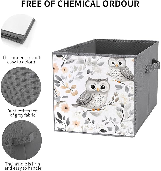 Whimsical Owl Foldable Storage Bins, 10.6" Cube Storage Organizer, Sturdy Oxford Cloth Fabric Baskets for Closet, Shelf, Nursery, Bedroom, Decorative Printed Box for Toys & Clothes