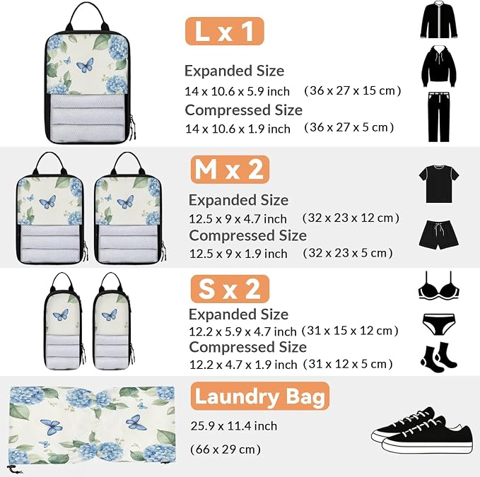Hydrangea 6 Set Compression Packing Cubes Flower Expandable Packing Organizer for Travel Accessories Luggage Suitcase Bag