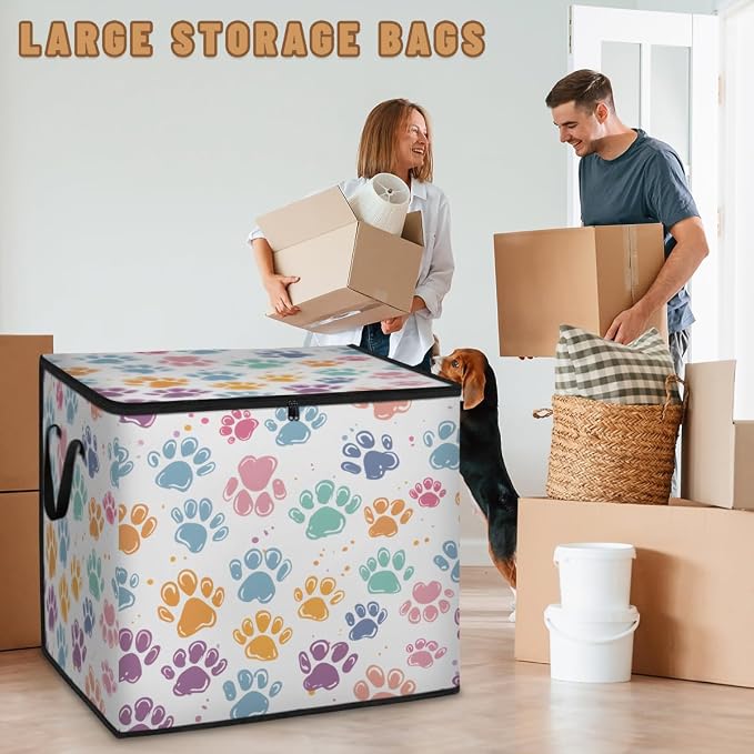 Cute Colorful Cat Paws Large Storage Bags, Fabric Bed Storage Containers, Foldable Closet Organizers for Blanket, Clothing, Comforter, Bedding, Pet Animals