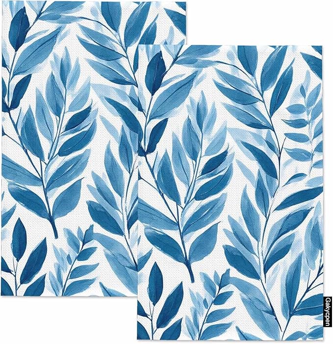 Blue Tropical Leaves Kitchen Towels Set of 2 Watercolor Floral Colorful Abstract Organic Nature Botanical Dish Towels Absorbent Soft Hand Tea Bar Towels for Farmhouse Home Decor 16"X24"