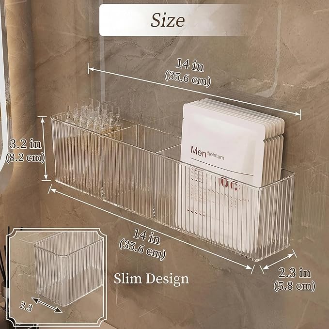 Osuke 2 Pack Clear Shower Caddy & Bathroom Counter Organizer, Slim 2.3" Adhesive Wall Mount Shower Shelves with 3 Compartments, Fluted Bathroom Organizers and Storage for Skincare