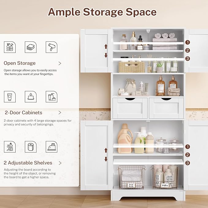 TEENFON 57.8" H Tall Bathroom Storage Cabinet with 4 Doors & 2 Adjustable Shelves, Freestanding Bathroom Cabinet with 2 Drawers, Kitchen Cabinets & Pantry, Cupboard for Kitchen, Dining Room, White