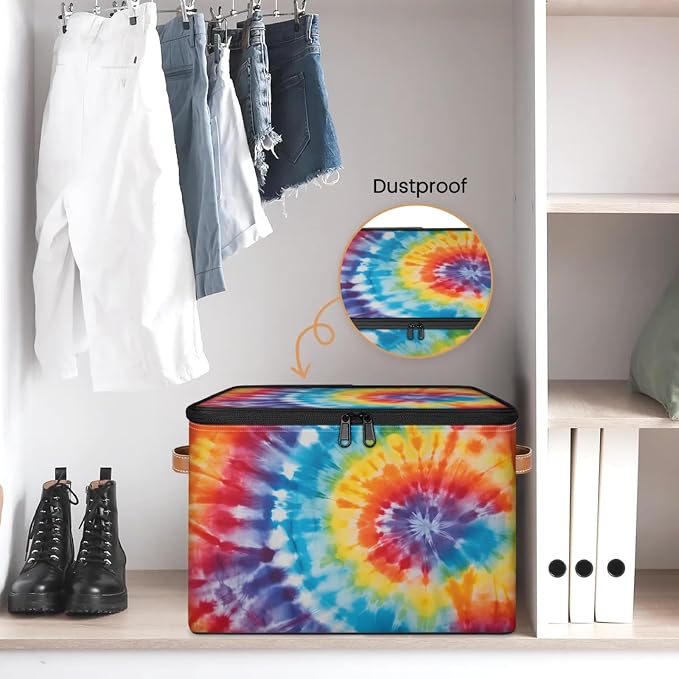 Pardick Storage Bin Rainbow Tie Dye Storage Baskets with Zipper Lid & Handle Foldable Closet Shelf Cloth Organizer Basket Cube Bins Clothes Organizer for Nursery, Bedroom
