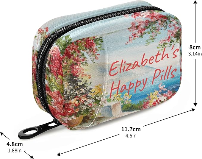 Custom Pill Box 7 Day Pill Case Bag Oil Painting Sea Flowers Personalized Name Travel Pill Organizer Bag with Zipper Portable Weekly Case Compact Size for Vitamin Supplement Holder