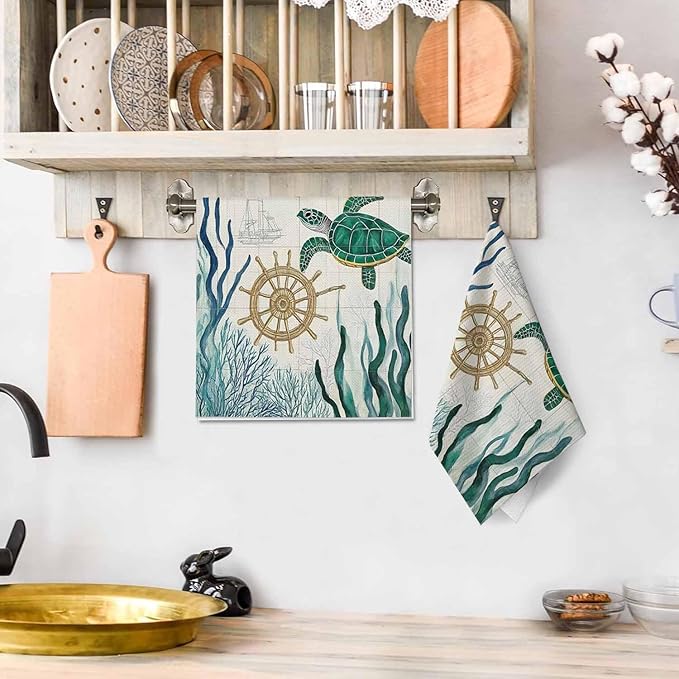 Sea Turtle 2Pcs Kitchen Towels Ocean Turtles Starfish Map Vintage Sea Horse Coral 16X24 Inch Ultra Soft Tea Towel Super Absorbent Terry Dish Towels for Kitchen Linens