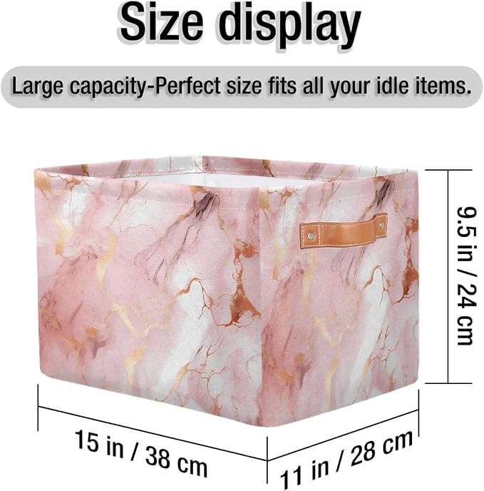 AUUXVA Storage Basket Rose Gold Marble Texture Storage Cube Box Durable Canvas Collapsible Toy Basket Organizer Bin with Handles for Shelf Closet Bedroom Home Office