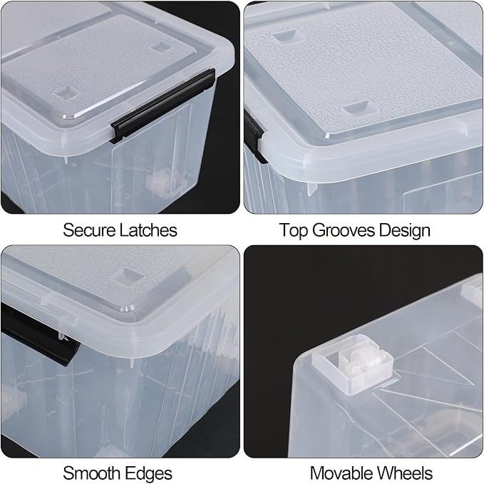30 L Plastic Storage Bins with Wheels, Clear Latching Box, 4-Pack | with Dustproof Lid and Secure Latches, Rounded Corners Design