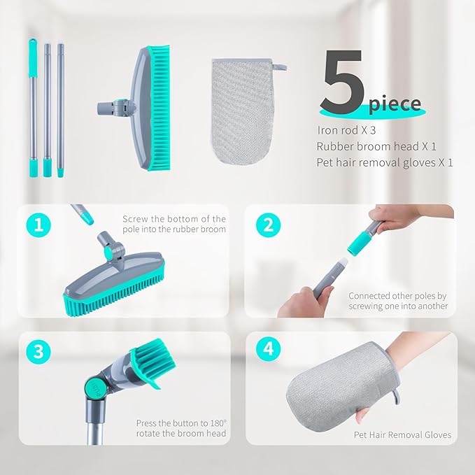 180°Rotating Head Rubber Broom with Squeegee for Pet Hair Removal - 51" Iron Handle Fur Remover Rake Brush for Carpet, Hardwood & Tile Floors, Includes Pet Hair Removal Gloves (Blue)