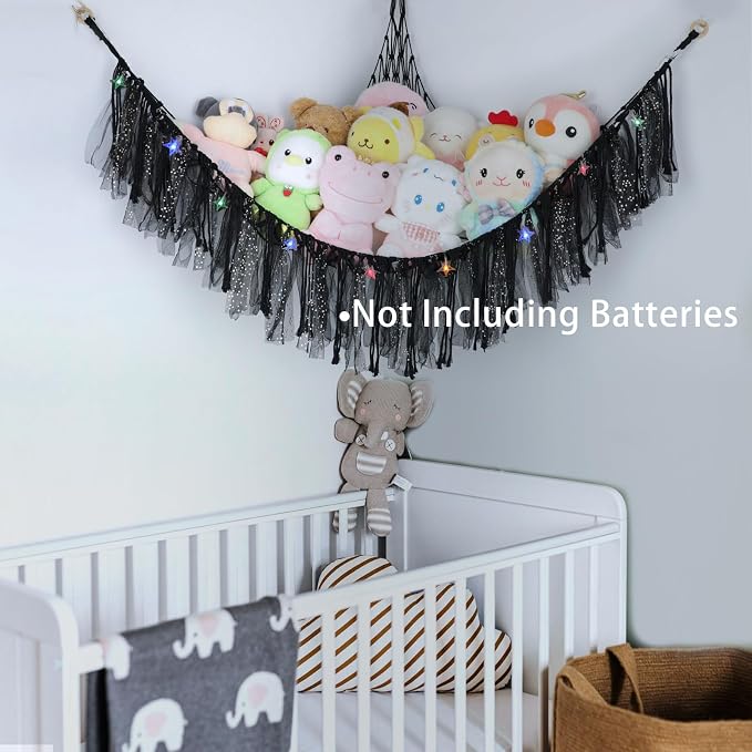 Stuffed Animal Hammock with LED Lights - 59 Inch Large Toy Storage Net for Kids Bedroom, Wall-Mounted Plush Organizer with Wooden Rings, Nursery Decor (Handwoven, Black)