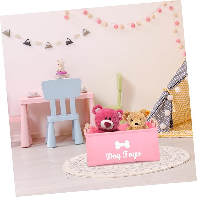 Alipis Pink Felt Pet Organizer Box with Handle Large Square Storage Bin for Dog Pet Clothes and Food Portable and Decorative Household Basket