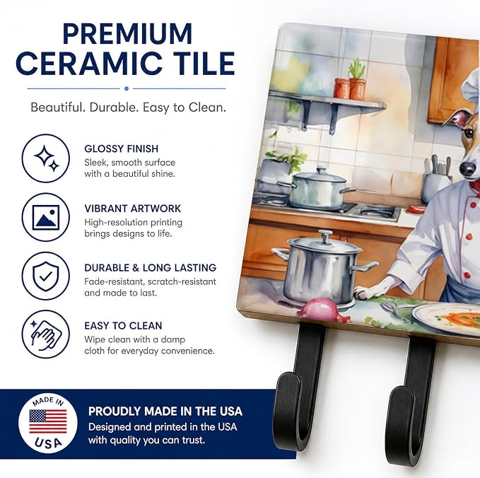 Caroline's Treasures Whippet The Chef Leash or Key Holder Wall Hooks, Key Hooks Holder, Coat Rack Wall Mount, Coat Hooks, Hooks for Hanging Keys, Towels, Aprons, Leashes | Whippet The Chef artwork on ceramic tile with three steel hooks for keys, leashe...