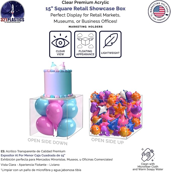 15" Acrylic Display Riser Box with One Open Side No Lid One Piece Versatile Clear Square Retail Merchandise Storage Bin or Product Platform No Assembly by Marketing Holders