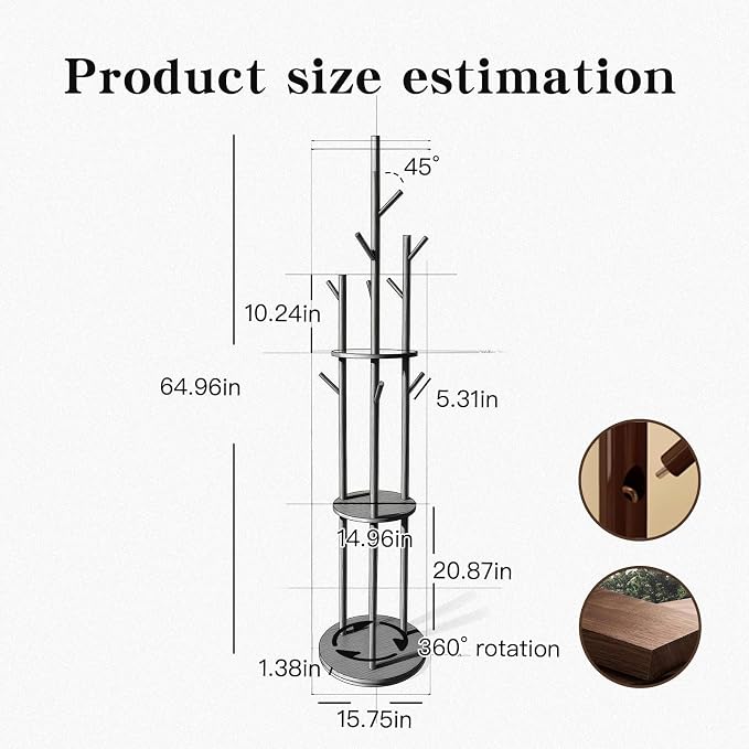 Wooden Freestanding Coat Rack with 9 Hooks&3 Rotating Storage Trays,Free Standing Coat Rack Tree with Rotatable Design,Coat Tree Freestanding for Hanging Clothes,Clothing Rack for Entryway Bedroom