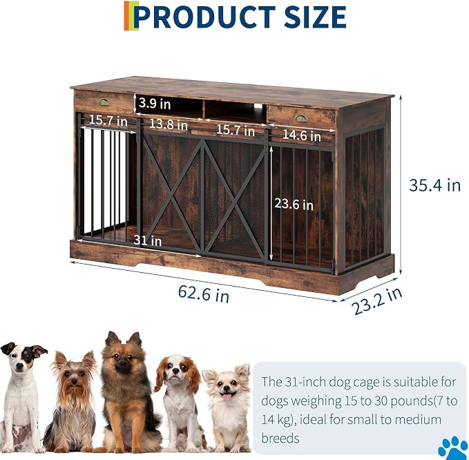 Garvee 63'' Double Dog Crate with Removable Divider | Extra Large Dog Cage Furniture with Sliding Doors & 2 Drawers, Multifunctional Indoor Pet House TV Stand for 2 Pets
