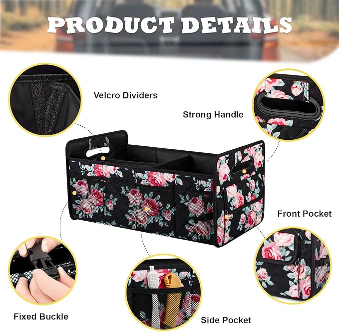 Car Trunk Organizer for SUV, Collapsible Car Storage Organizer Black Floral | Sturdy, Large Capacity, Diamond Decor, Multi Compartment Container Box Adjustable Car Accessories for Sedan Truck