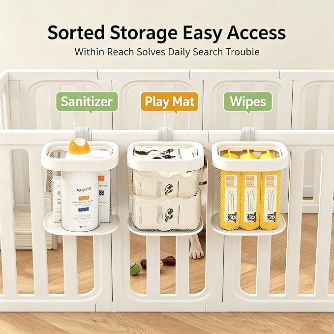 Playpen Side Storage Basket Set, Pet Fence Hanging Organizer Bask | Sturdy PP Frame Construction, Wide Open Top Access, 3 Piece Sorting Organization, Fits Playpens and Fences