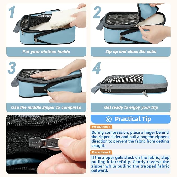 BAGAIL 4 Set/6 Set/8 Set Compression Packing Cubes Travel Accessories Expandable Packing Organizers (Half Mesh, 6-Dusty Blue)
