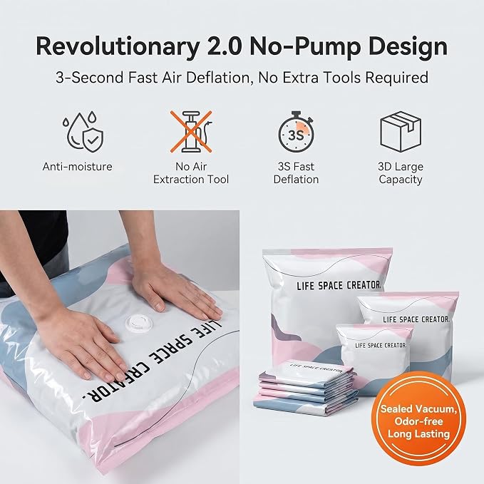 Zero Pump Storage Bags, No‑pump Vacuum Storage Bags – Press & Seal, No Pump Needed, Extra Large 𝐒torage 𝐁ags, Reusable for Clothes Duvet Travel and Home (M 6pcs)