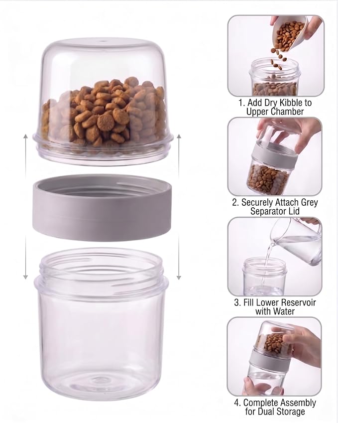 Portable Pet Travel Water Bottle and Food Container - 2-in-1 Detachable Dog Travel Cup for Walking, Hiking and Traveling - Leak-Proof, BPA Free & Food Grade Safety Material (Gray, Medium Size)