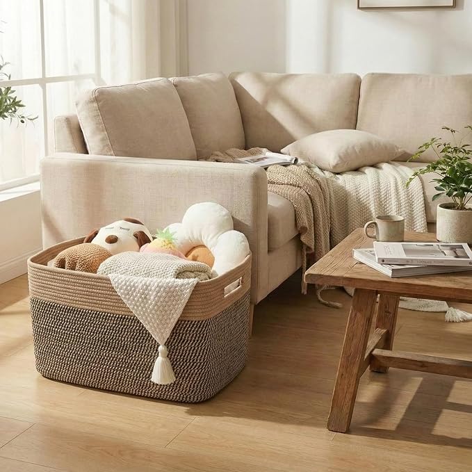 JMvicyroam 96L Large Woven Cotton Rope Blanket Basket, Jute&Black | Blanket storage for living room or bedroom use, Freestanding with reinforced handles, Entire basket is machine washable
