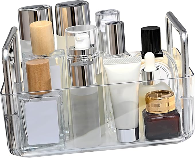 Aramox Open Storage Box, PET Open Organizer Bin with Portable Handle, Large Capacity Compartments, Easy Access Desktop Storage Basket for Cosmetics Jewelry Keys on Vanity Countertop (Clear)