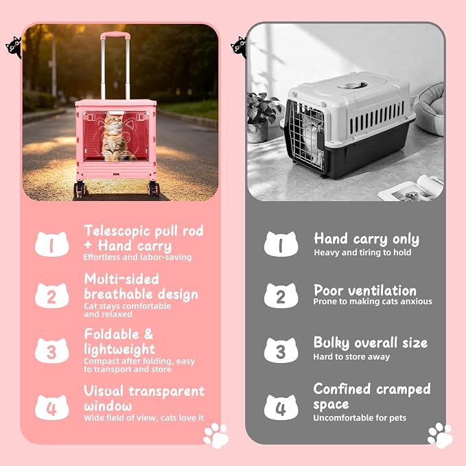 2-in-1 Foldable Shopping Cart & Rolling Pet Carrier, 55L Collapsible Utility Cart with Wheels, Pet Carrier with Telescopic Handle for Cats & Small Dogs, Portable Grocery Cart for Picnic, Travel-Pink