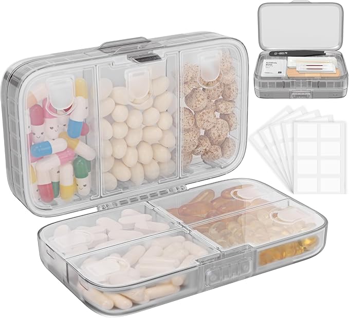 FYY Travel Pill Organizer, Large Weekly Medicine Pill Organizer-Grey | Airtight Moistureproof Medicine Case, Easy to Use, 8 Compartment Pill Box for Vitamins, Fish Oil, Supplements, Mini First Aid