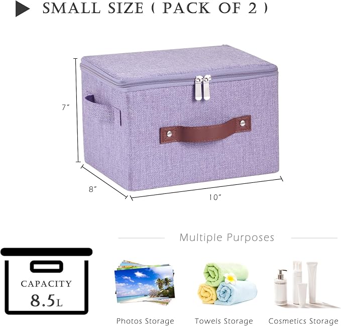 2PCS Storage Bins with Zipper Lids Decorative Lidded Basket Box | Clothes Container, Closet Shelf Organizer, Foldable Washable, Cotton Linen Fabric, w/ PU Leather Handles, Purple, Small