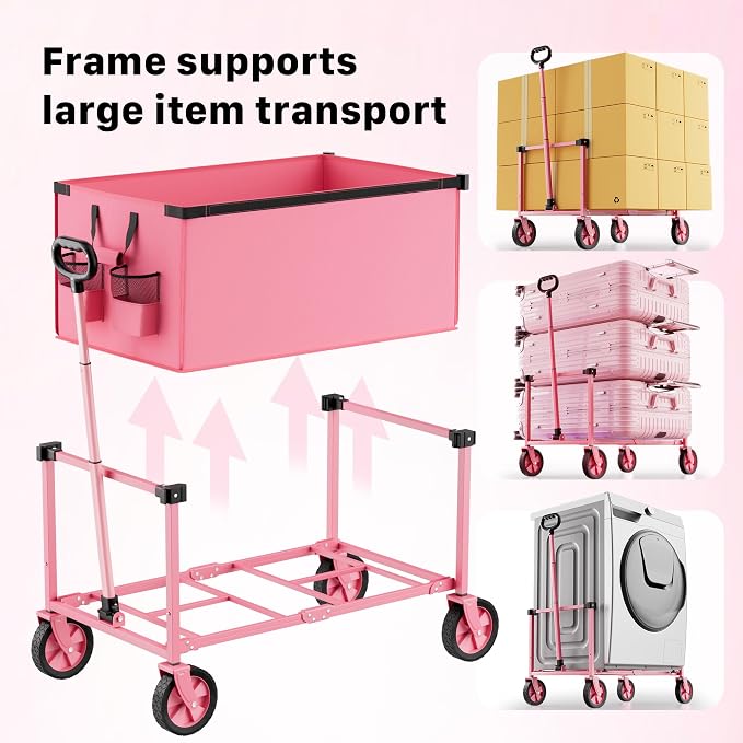 29.3" Collapsible Wagon Cart, 150L Heavy Duty Folding Utility Wagon with Wheels, 260 lbs Load, Portable Rolling Cart for Garden, Shopping, Sports, Camping, Pink