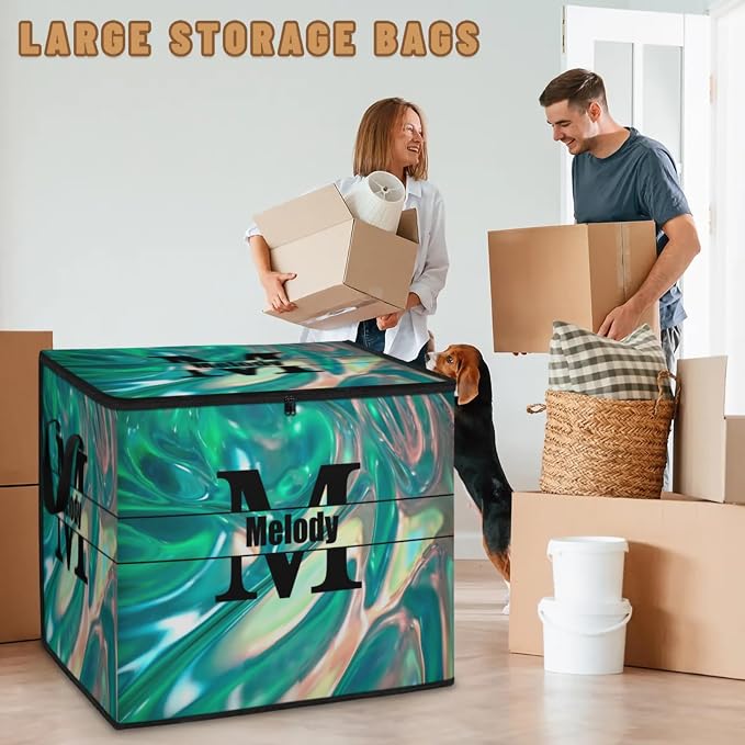 Custom Name Large Clothes Storage Organization with Lids, Black Initial Letter Kids Toys Bin Shelf Basket, Bedding Clothes Storage Bin for Nursery, Gift Basket, Abstract Green Pattern
