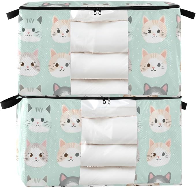 Cute Cats Clothes Storage Bag Bins 2 Pack Foldable Storage Containers Large Closet Organizer with Zipper Quilt Bag for Pillows Comforters Clothing 95L, g355896616p976c1037s2358