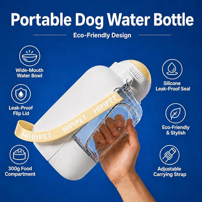 Dog Water Bottle with Food Container, 32oz Leak-Proof 3-in-1 Portable Dog Travel Water Bottle with 10oz Food Storage, Twist Dispensing Pet Water Dispenser for Walking Hiking Camping, White