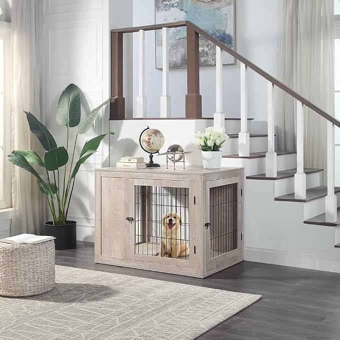 unipaws 41 Inch Furniture Style Dog Crate for Medium Large Dogs | Indoor Dog Stuff Kennel, Modern Decorative Wood Wire Cage, Pretty Cute End Side Table Nightstand, Walnut