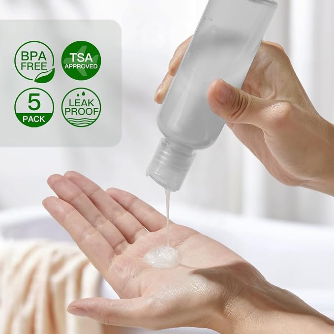 Travel Bottles for Toiletries, 3.4 oz Travel Size Containers, 5pcs, Clear | Squeezable empty plastic bottles, TSA approved, leak proof, with labels, for liquids & shampoo lotion, gym essentials