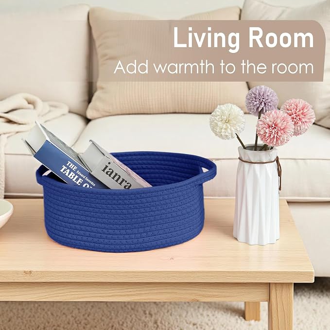 JMvicyroam Small Woven Basket, Empty Gift Basket, Navy Blue/2 Pack | Small Gift Basket, Cotton Rope, 12 x 8 x 28 in, Handles, Includes Ribbon and Bag, Birthday Gift Basket