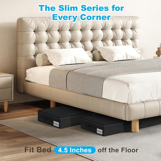 Under Bed Storage Container Bin 4 Pack, 4.5 Inch Slim Low Profile Underbed Clothes Storage Organizer for Dorm & Home, Use for Blanket and Toy Storage Box W/ Sturdy Bottom/Sides, Foldable Thick Fabric