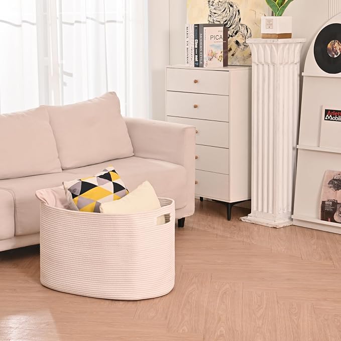 ICERZCZ White Laundry Basket, Blanket Baskets for Living Room, Cotton Rope Baskets for Storage, Woven Basket for Blankets, Toys, Clothes, Shoes, White, 25”x16”x16” (105L)