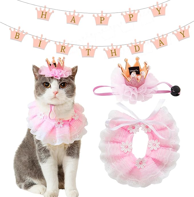 Cat Princess Costumes Cat Crown Hat & Lace Bandana Scarf Set, Puppy Party Hat for Small Dogs & Cats, Lace Outfit for Cats and Small Dogs Birthday Party (Pink(Crown Hat&Scraf&Banner))